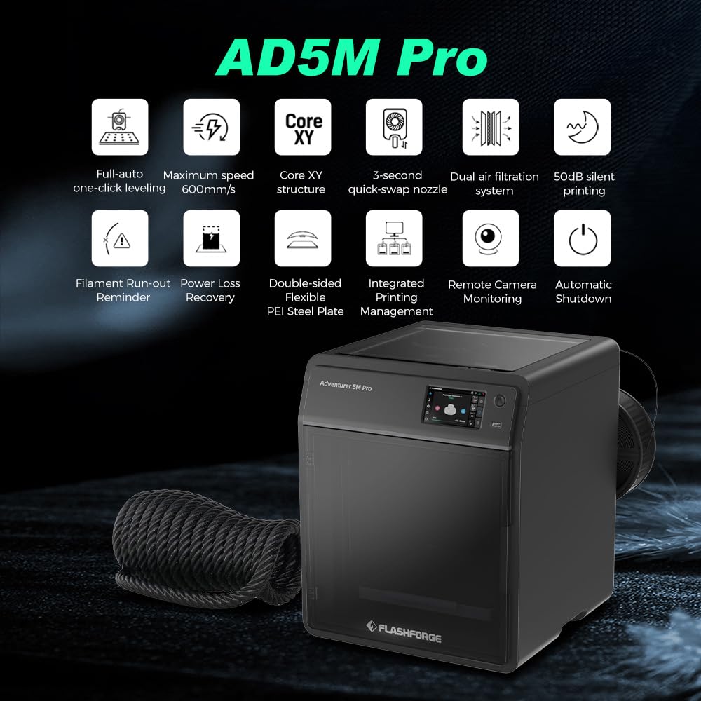FLASHFORGE Adventurer 5M Pro 3D Printer 600mm/s High-Speed, 1 Click Fully Auto Leveling with 0.4&0.6mm Quick Detachable Nozzle Bundle, Auxiliary Chamber Cooling, Silent Printing and Remote Control
