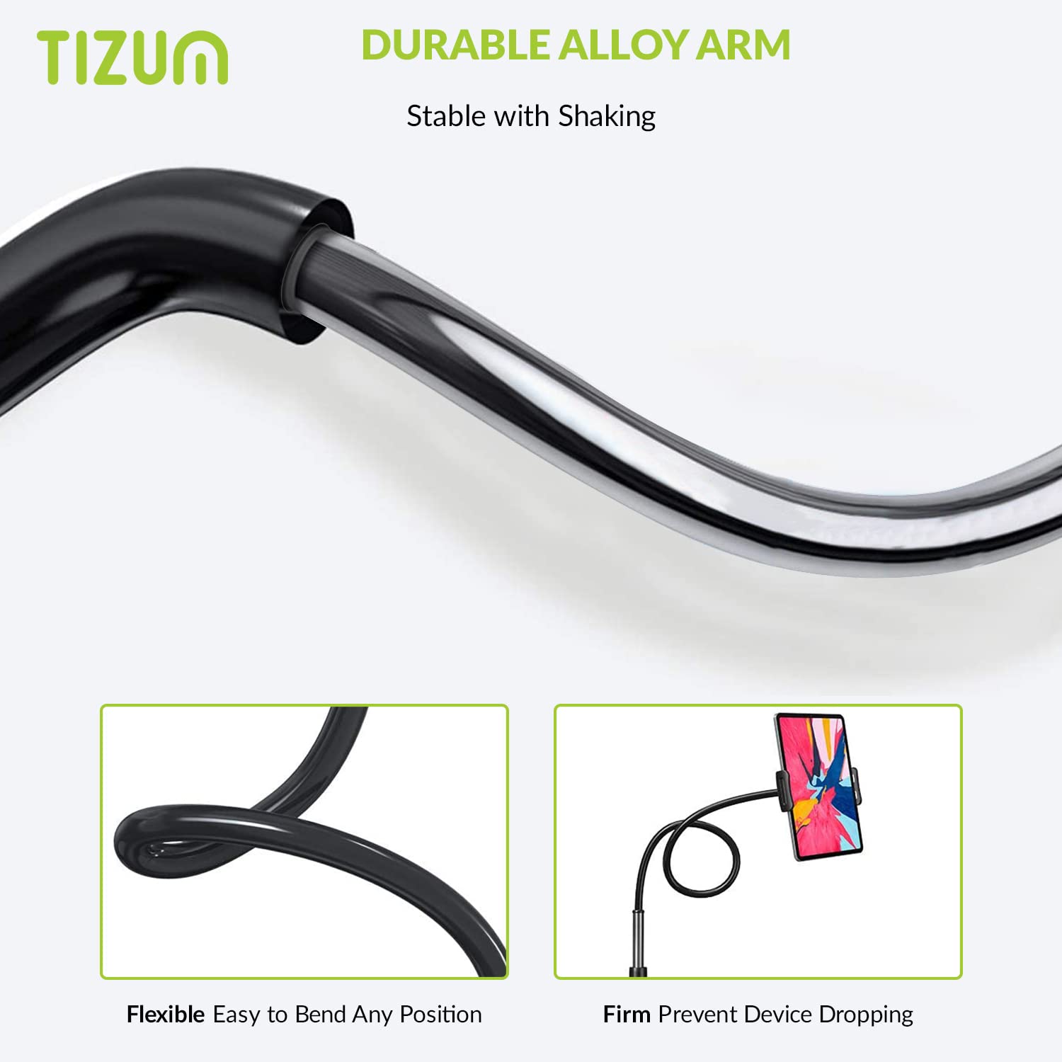 Tizum Mobile & Tablet Holder with 360 Rotation, Mobile Stand with Anti-Slip Silicone Pads & Fully Flexible Gooseneck Arm & for Bed, Table, Bathroom for All Tablet/Smartphones 4 to 10.4 Inches, Black