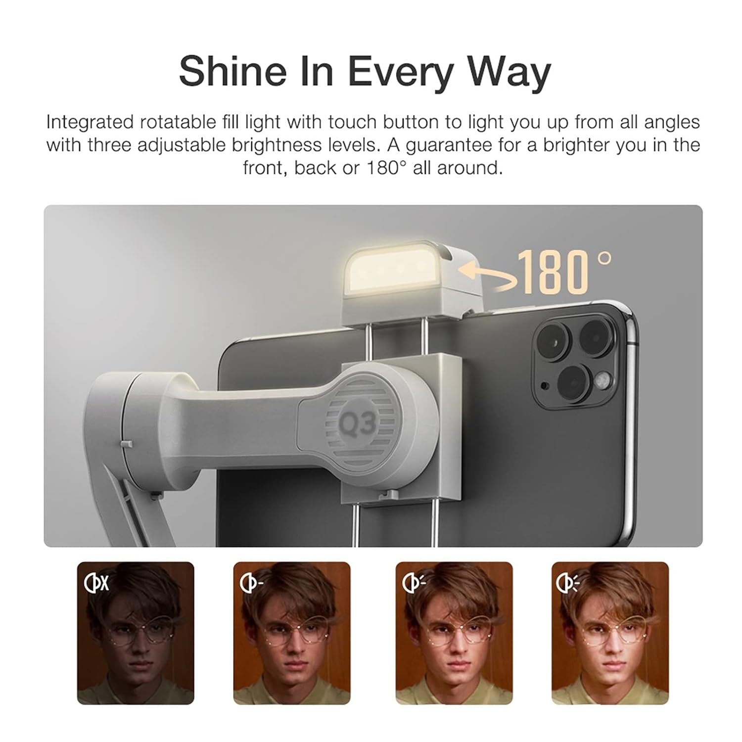 Zhiyun Smooth-Q3 Gimbal Stabilizer for Smartphone Android Cell Phone iPhone Zhi yun q 3-Axis Handheld Gimble Stick wTripod Stand LED Fill Light for Tiktok YouTube Vlog Video Kit FaceObject Tracking.