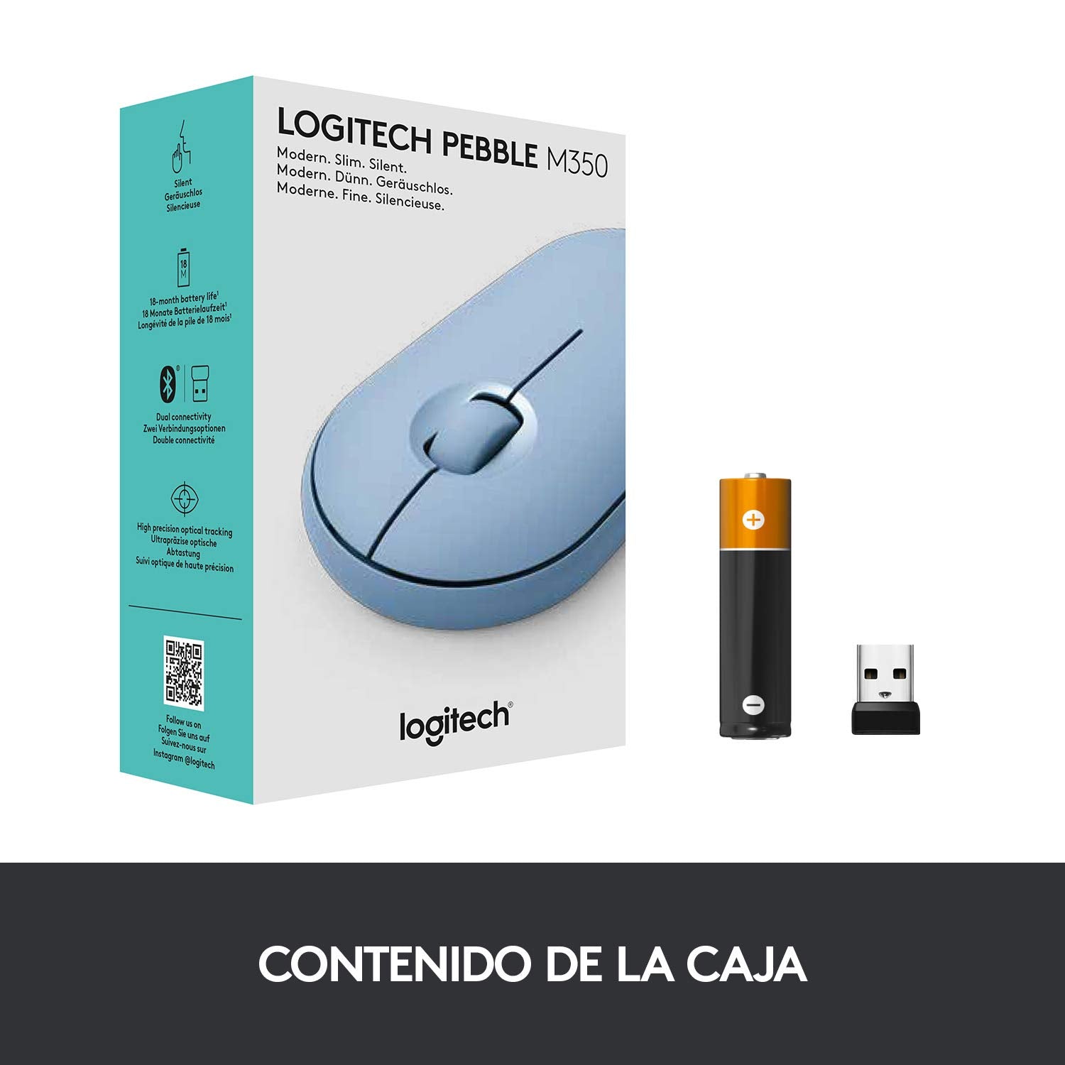 Logitech Pebble M350 Wireless Mouse with Bluetooth or USB - Silent, Slim Computer Mouse with Quiet Click for Laptop, Notebook, PC and Mac - Blue Grey