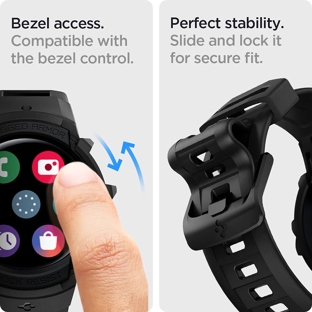 Spigen Rugged Armor Pro for Samsung Galaxy Watch 5 44mm Case with Strap Band, Watch 4 44mm Case with Strap Band - Black