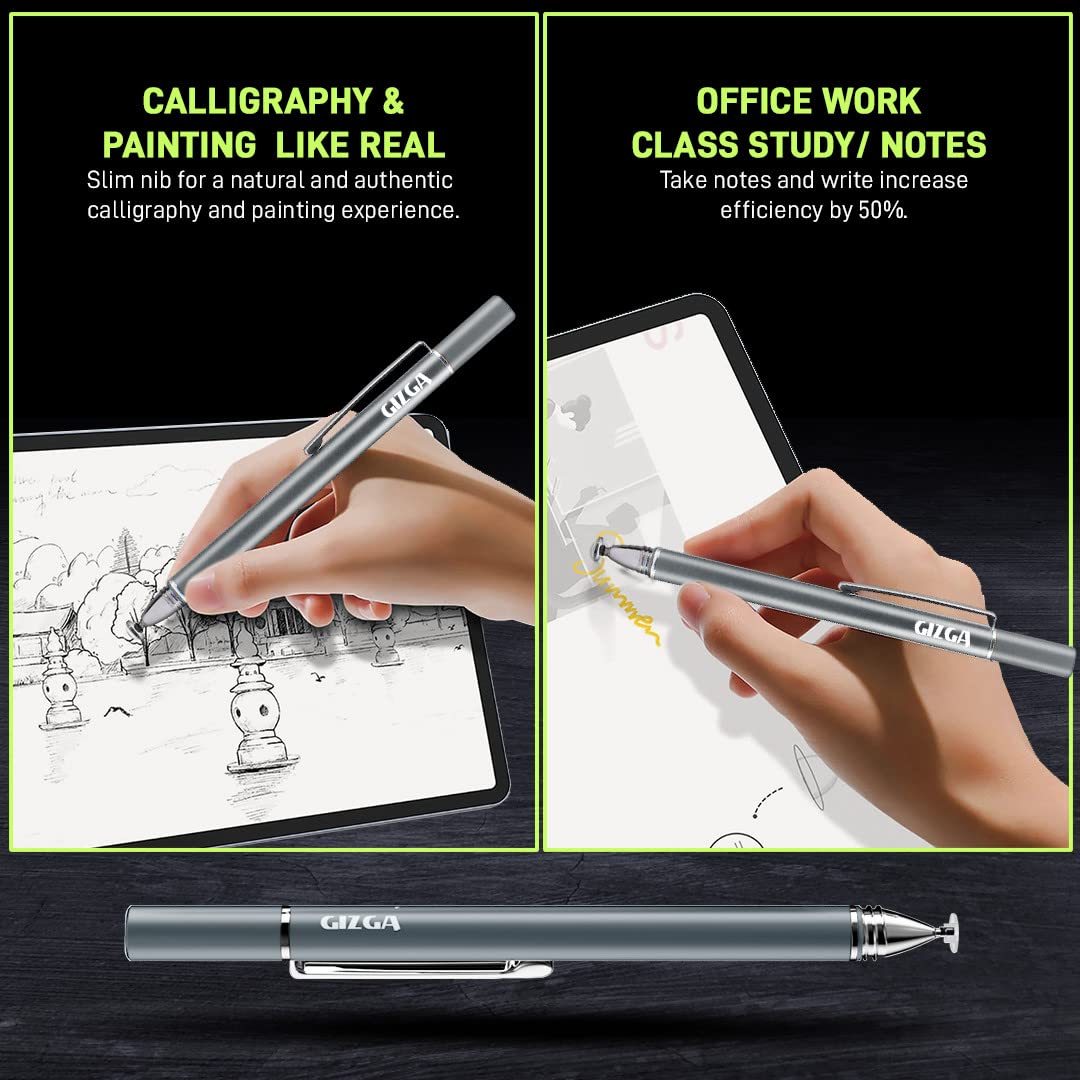 GIZGA Capacitive Stylus Pen for Smartphone/Tablet/iPad/Pro/Air/iPhone/iOS/Android/All Touch Screens Devices| Fine Point Disc Tip, Lightweight Aluminum Body Magnetic Cap Drawing Writing (Grey