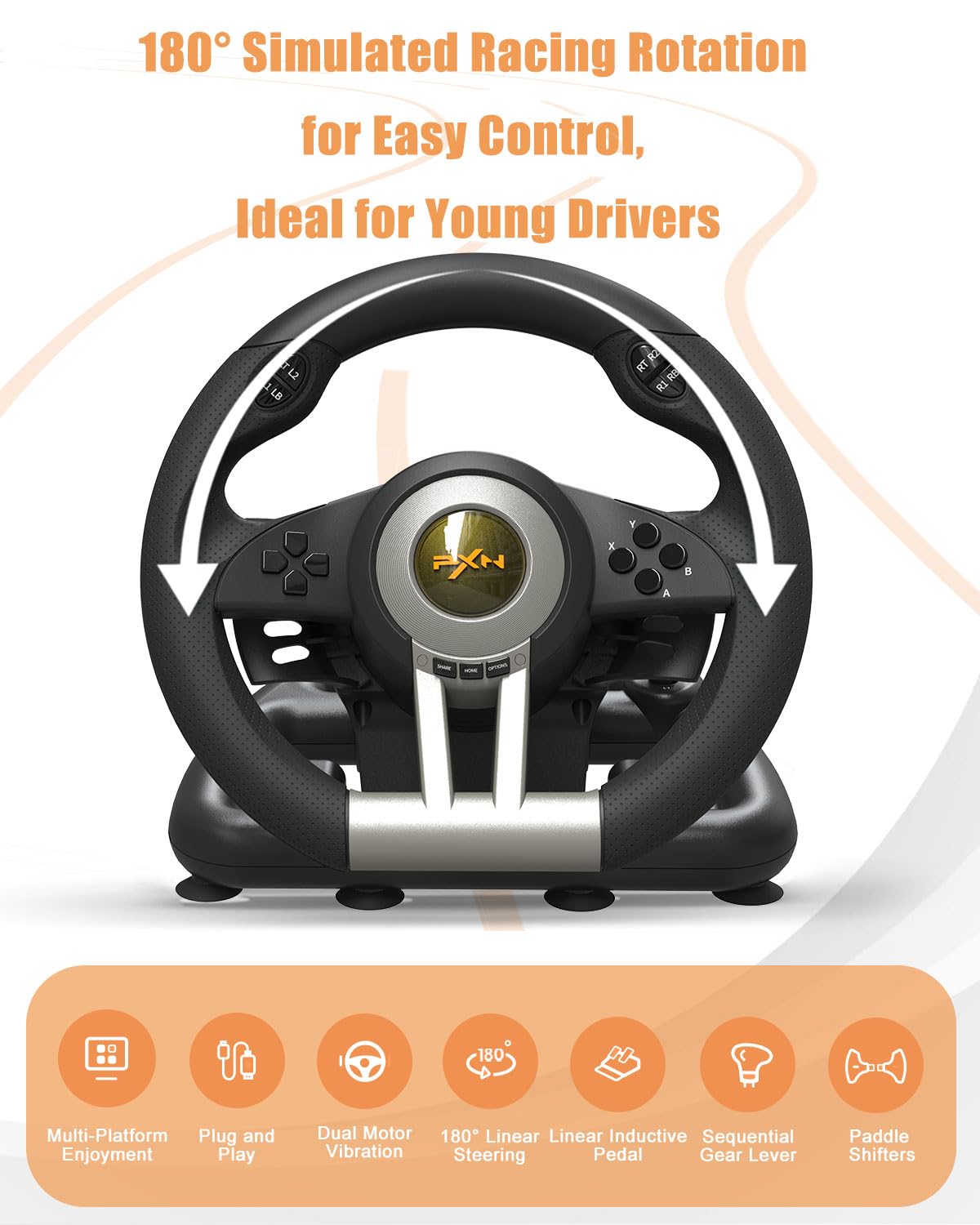 PXN V3 Pro Racing Steering Wheel and Pedals, 180° Steering Wheel with Pedal Board, Paddle Shifters and Vibration Feedback, Game Steering Wheel for PS4, Xbox One, PC, Xbox Series X|S, PS3, Switch -