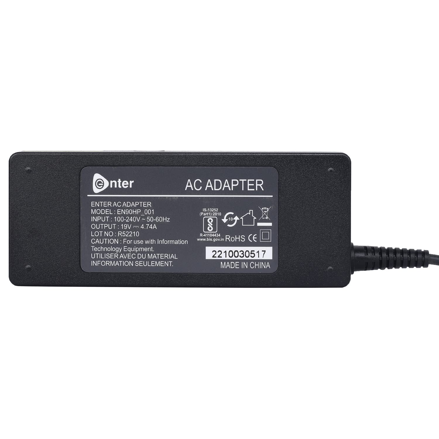 Enter BIS Certified 90W, 19V/4.74A, 3 Pin High-Efficiency AC Laptop Charger/Adapter for HP Laptops (Without Power Cord)