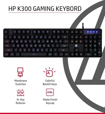 HP K300 Backlit Membrane Wired Gaming Keyboard with Mixed Color Lighting, 4 LED Indicators, Matte Finish Double Injection Key Caps and Windows Lock Key