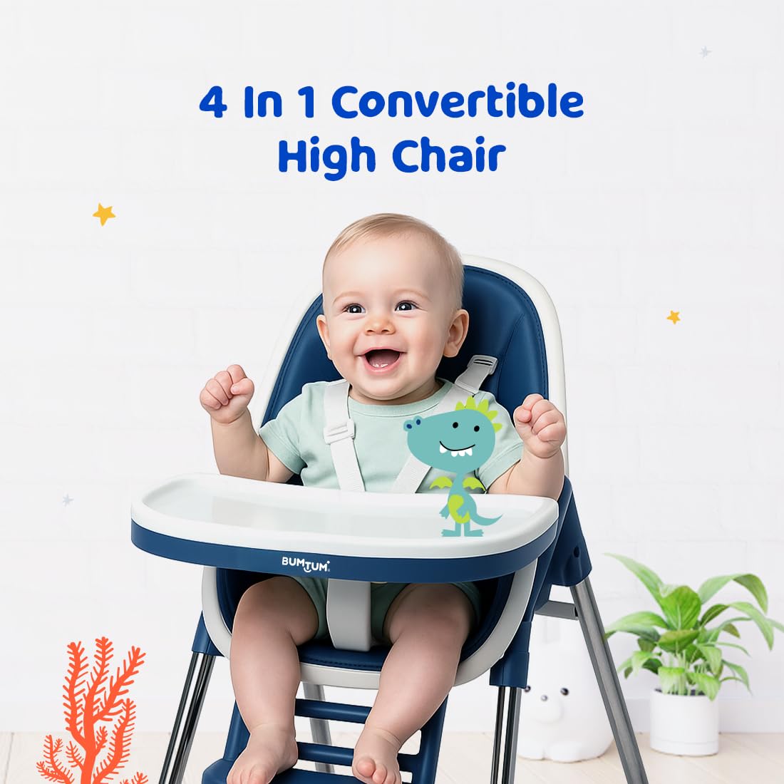 Bumtum Baby High Chair 4 In 1 Convertible Folding With Footrest, Convertible To High Chair, Low Chair, Feeding Seat With Cushion Pad (Green) - Foam, Plastic, Metal, 6.29 X 11.41 Inch