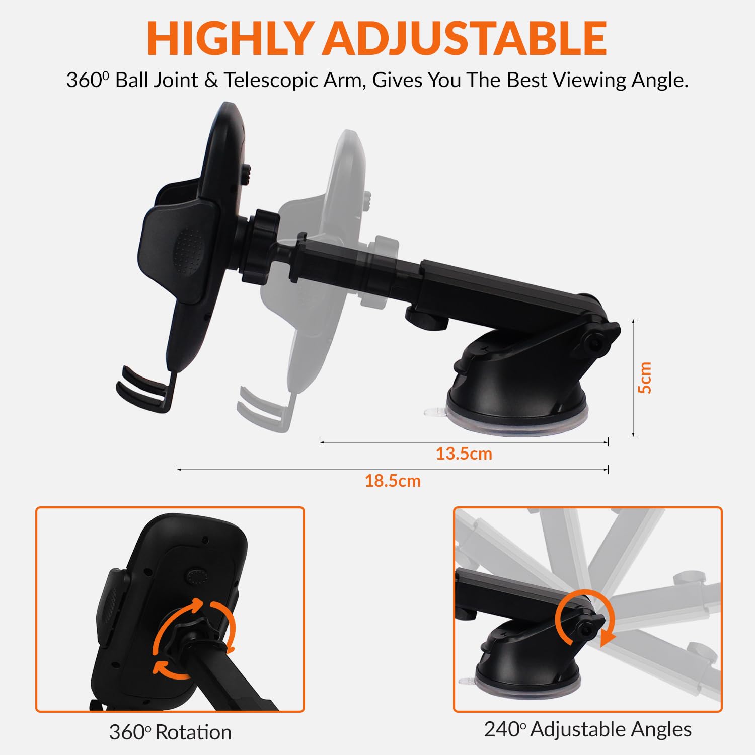 Tukzer Universal Car Mount Mobile Holder Stand| Strong Suction Cup, Double Shift Locking for Dashboard Windshield| Quick Touch Release, Long Telescopic Arm, 360° Rotatable Head| for All Mobile Phones,Black