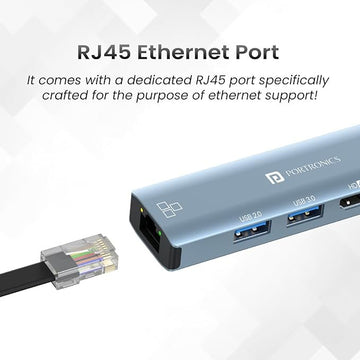 Portronics Mport 51 5-in-1 Type C HUB with RJ 45 Ethernet Port, 5Gbps Data Transfer, HDMI Port, USB 3.0, PD Quick Charge, 4K Ultra HD Data Quality(Grey)