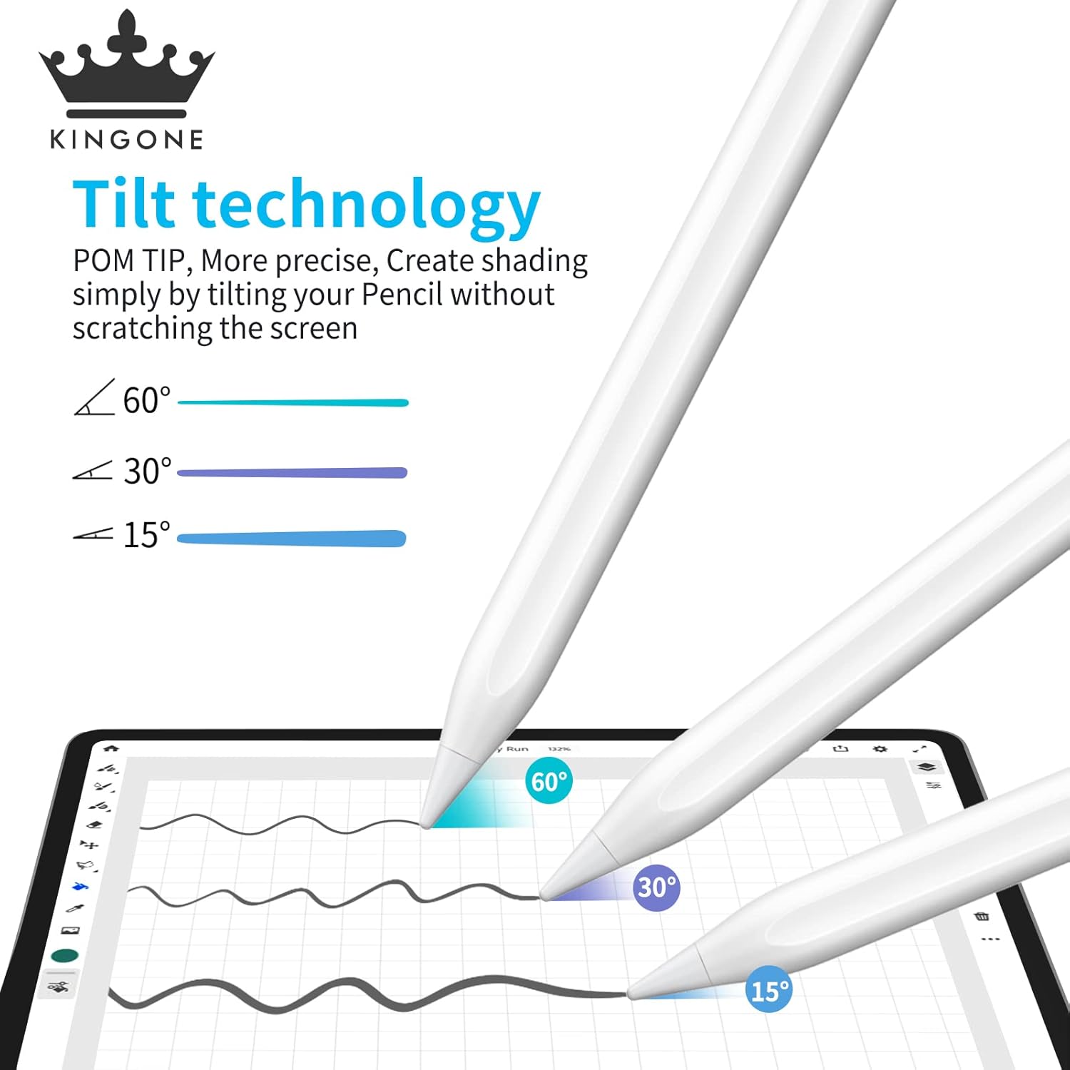 KINGONE Upgraded Stylus Pen, iPad Pencil, Ultra High Precision&Sensitivity, Palm Rejection, Prevents False ON/Off Touch, Power Display, Tilt Sensitivity, Magnetic Adsorption for iPad 2018&Later, White