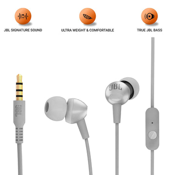 JBL C200SI, Premium in Ear Wired Earphones with Mic, JBL Signature Sound, One Button Multi-Function Remote, Angled Earbuds for Comfort fit (Grey)