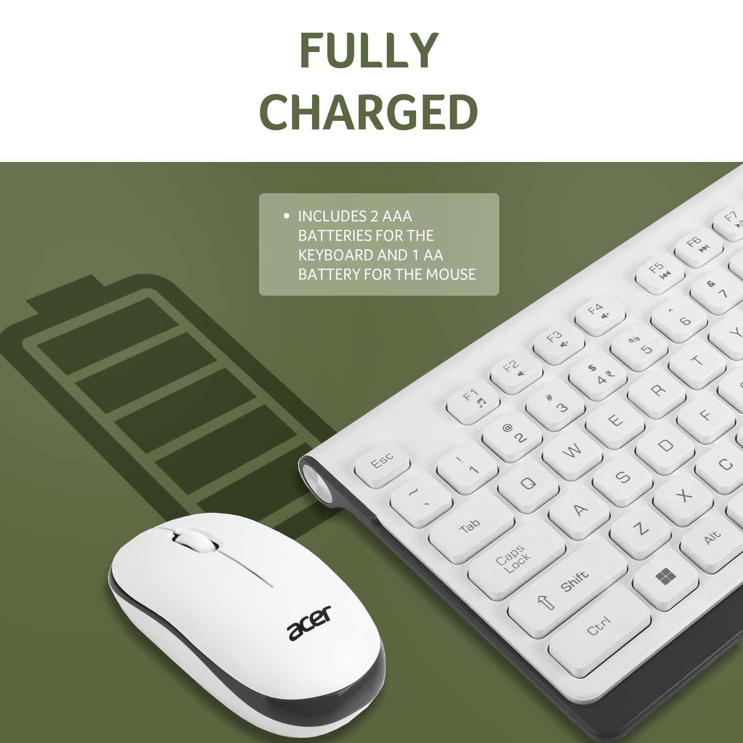 Acer Wireless Keyboard & Mouse Combo with Attractive Durable Design, 2.4GHz Nano Receiver, 10m Range, Indian Rupee Key Code, 1600 DPI, 10M Keystrokes Life for Microsoft Windows and Mac OS (White/Grey)