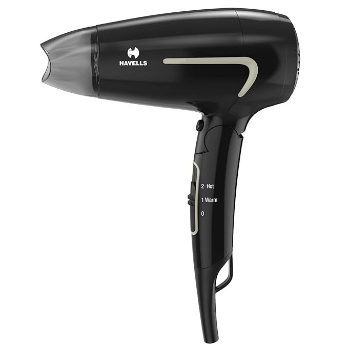 Havells 1600W Unisex Foldable Hair Dryer  3 Heat Settings (Hot/Warm/Cold) With Cool Shot Heat Balance Technology Midnight Black Perfect Blow Dry Companion For Effortless Styling (Hd3181)-1600 Watts