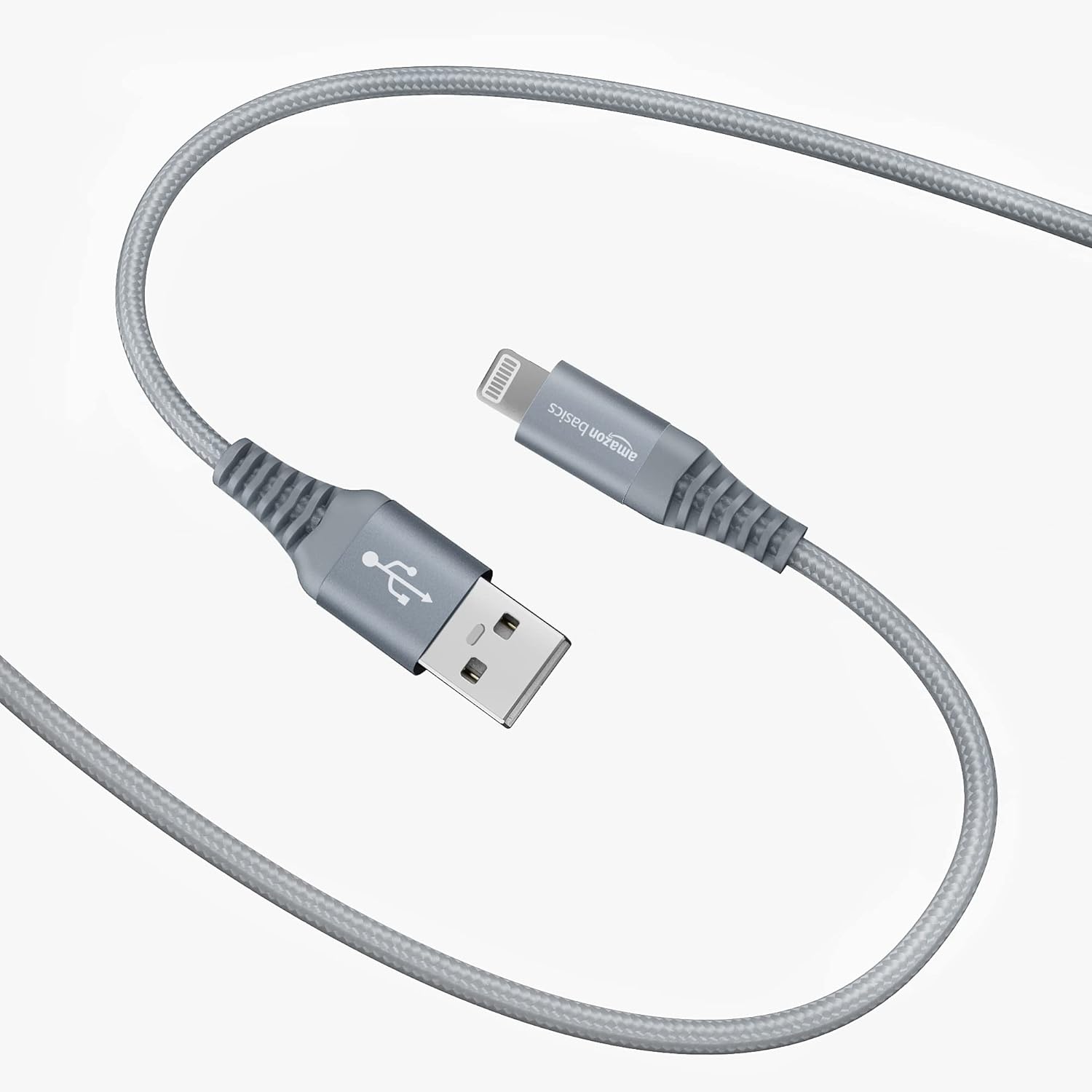 AmazonBasics USB A to Lightning Aluminum with Nylon Braided MFi Certified Charging Cable (Grey, 1.8 meter)