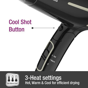 Havells 1600W Unisex Foldable Hair Dryer  3 Heat Settings (Hot/Warm/Cold) With Cool Shot Heat Balance Technology Midnight Black Perfect Blow Dry Companion For Effortless Styling (Hd3181)-1600 Watts