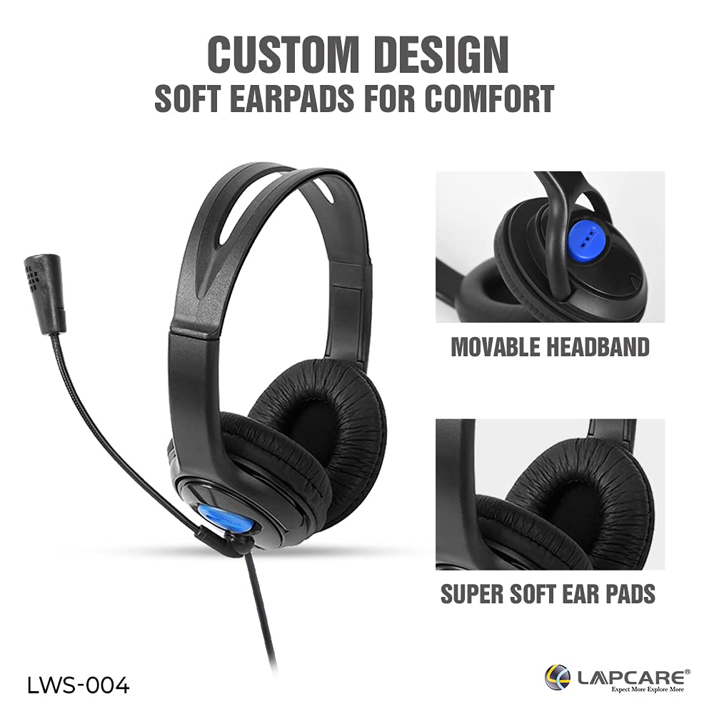 LAPCARE LWS004 Black | Adjustable Headset | Ideal for Gaming and Voice Recording | Compatible with Computer/Mobile Phones/Xbox/PS4 | Wired Over Ear Headphone with Mic