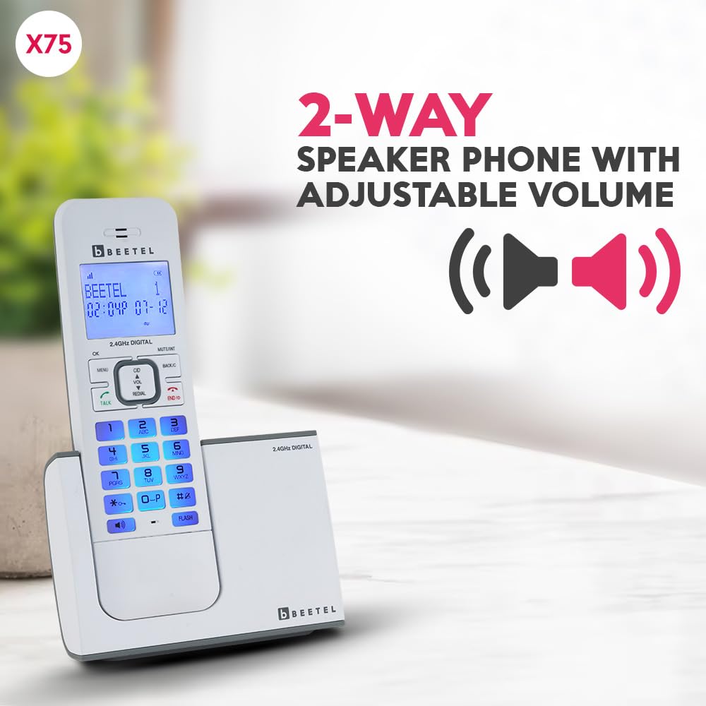 Beetel X75 2.4Ghz Cordless Landline Phone,Dual Mode DTMF/FSK,1 Line 7segment LCD Display& Blue LED Backlit,Illuminated Keypad,2 Way Speaker Phone,6 Step Ringer Volume Control(Grey/White)(X75)