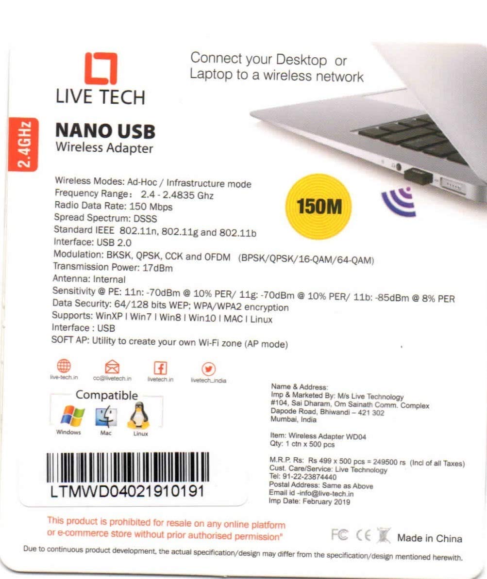 Live Tech Wd04 Nano 150 Mbps USB Wireless Adapter Dongle Gold Plated USB Real High Speed (with 4 Year Warranty) - Desktop