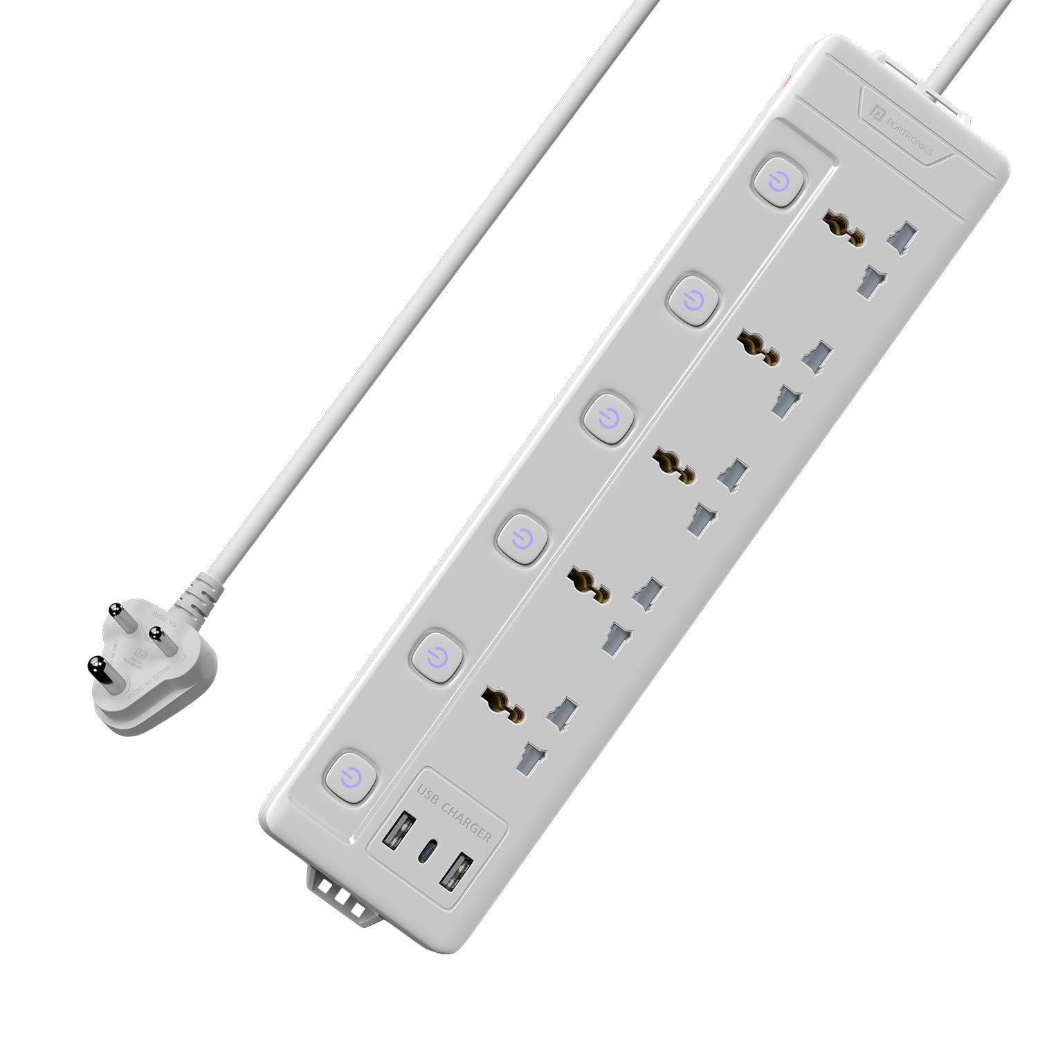 Portronics Power Plate 5 1500W Power Converter with USB Charger & Mobile Holder 3AC Socket + 3USB Ports I 1.5 m Cord Length ( White)