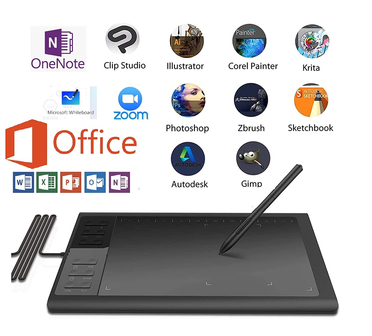 RTSY 1060 Plus Digital Graphics Tablet (10" x 6.2" Area, 12 Shortcut Keys, 8192 Pressure, Battery Free Pen) Graphic Drawing Pen Tablets Compatible for Windows & Android only - Black
