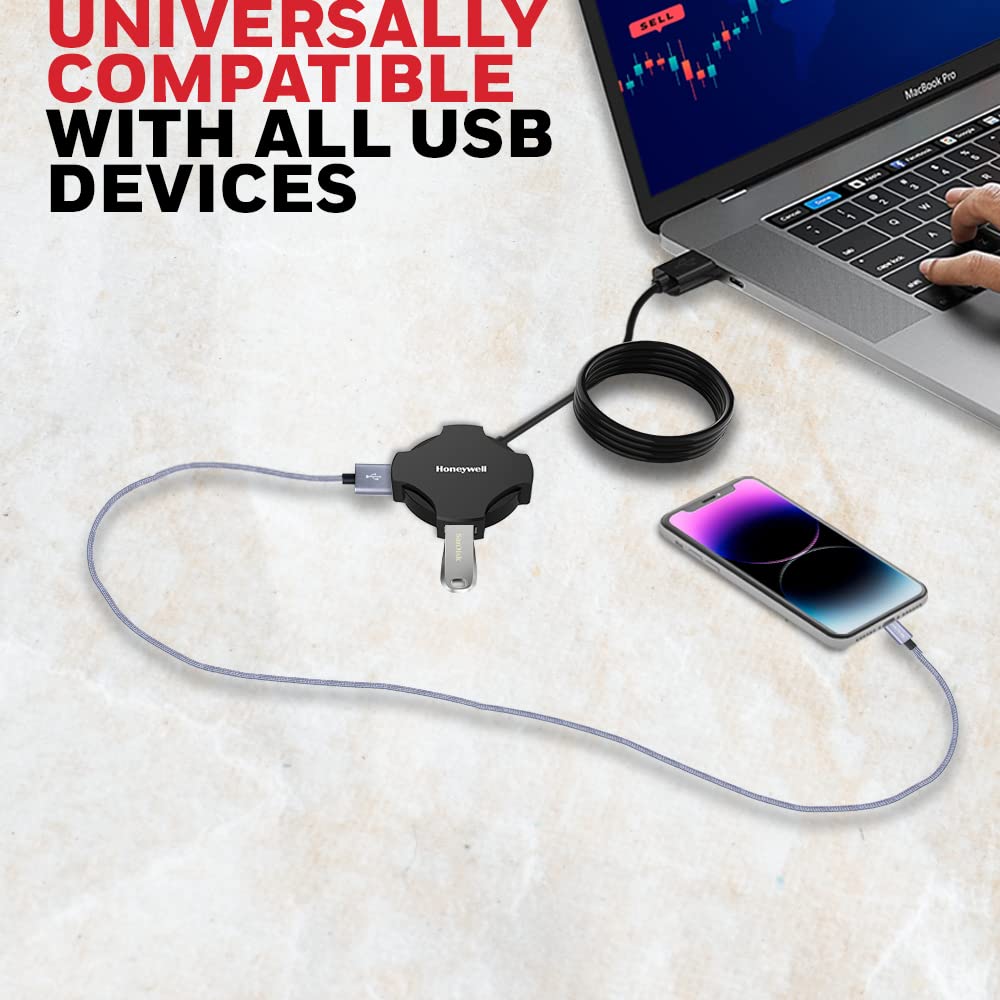Honeywell 4 in 1 Ultra Slim USB Hub 2.0,1.2Meter(4 feet) Cable, with a Transfer Speed of 480MBPS, Universally Compatible with All USB PC Speaker Laptop Hard Drive Keyboard Printer Pen Drive