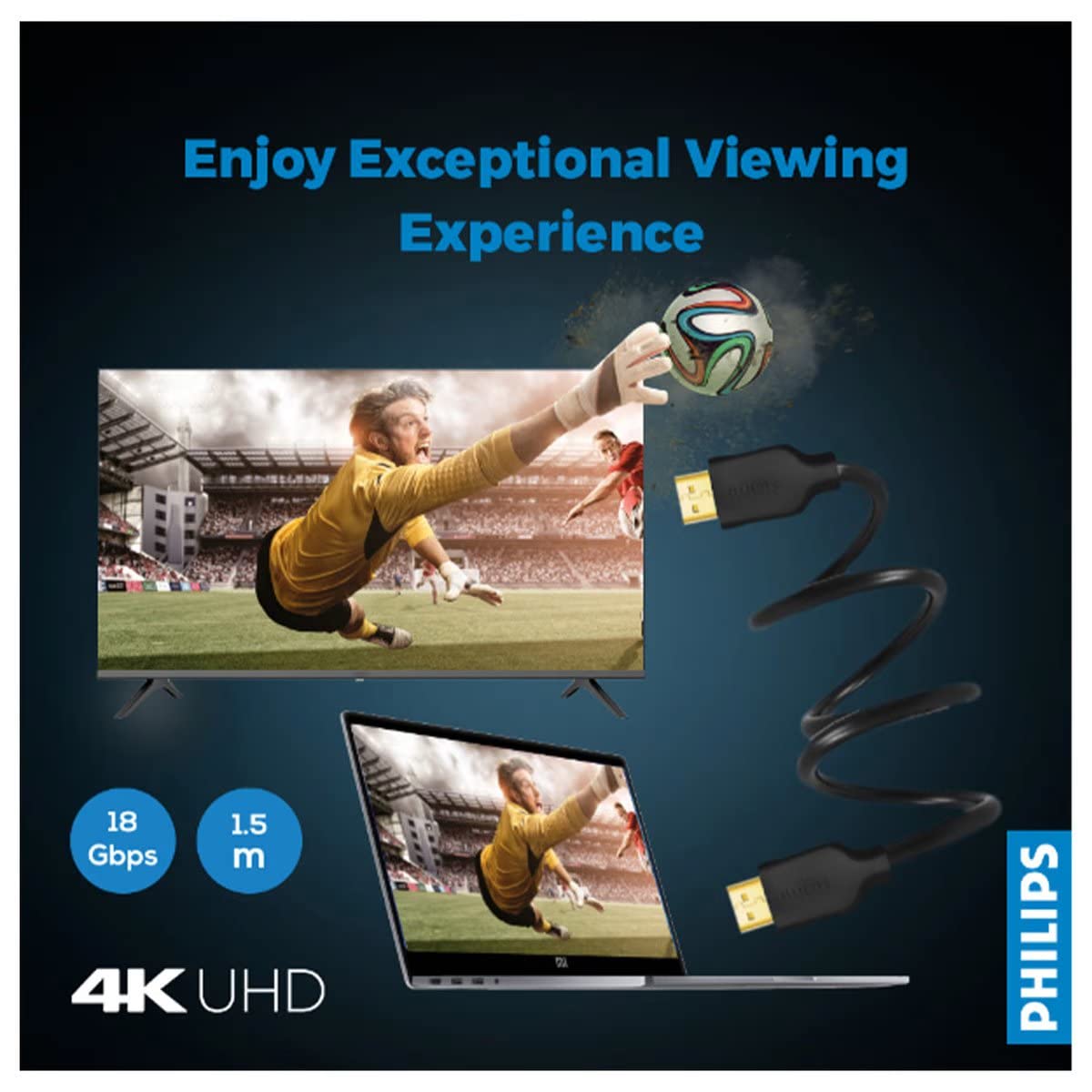 Philips SWV5510 4K UHD HDMI Cable - 60Hz, 3D Video, Ethernet, ARC, 32 AWG, 18 Gbps Data Transfer, 32-Ch Audio, 24K Gold Plated - 1.5m: Enhance Your Entertainment with 4K UHD Video and Immersive Sound