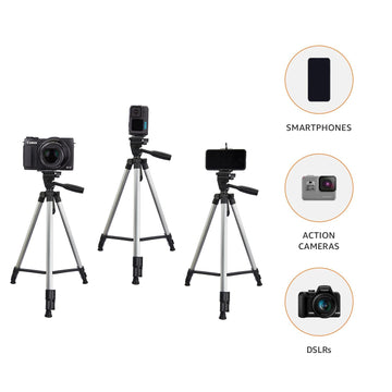 Amazon Basics Aluminium Professional Sturdy Tripod with Mobile Phone Holder Mount, 3-Way Head, Accessory Hook,  for All Smart Phones, GoPro, Cameras(not bag included)