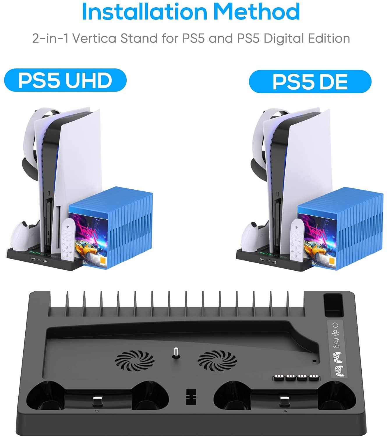 New World Vertical Stand for PS5 Digital Edition and Disc Edition Console with Cooling Fan, Controller Charging Station and 15 Game Cards Slots and Headset Stand for PS5