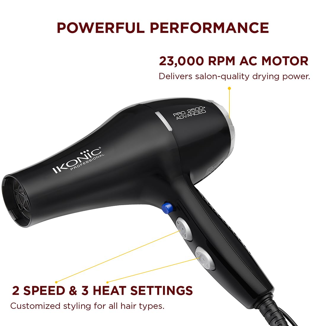 Ikonic Professional Pro 2500+ Advanced Hair Dryer 2500W-2800W, 23000 Rpm Ac Motor, Ionic Technology Anti-Frizz Blow Dryer For Smooth Shiny Hair, 3 Heat & 2 Speed Settings, Cool Shot Button, 2 Nozzles, Overheat Protection, For Men & Women, Black