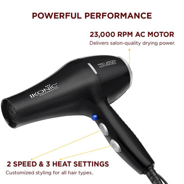 Ikonic Professional Pro 2500+ Advanced Hair Dryer 2500W-2800W, 23000 Rpm Ac Motor, Ionic Technology Anti-Frizz Blow Dryer For Smooth Shiny Hair, 3 Heat & 2 Speed Settings, Cool Shot Button, 2 Nozzles, Overheat Protection, For Men & Women, Black