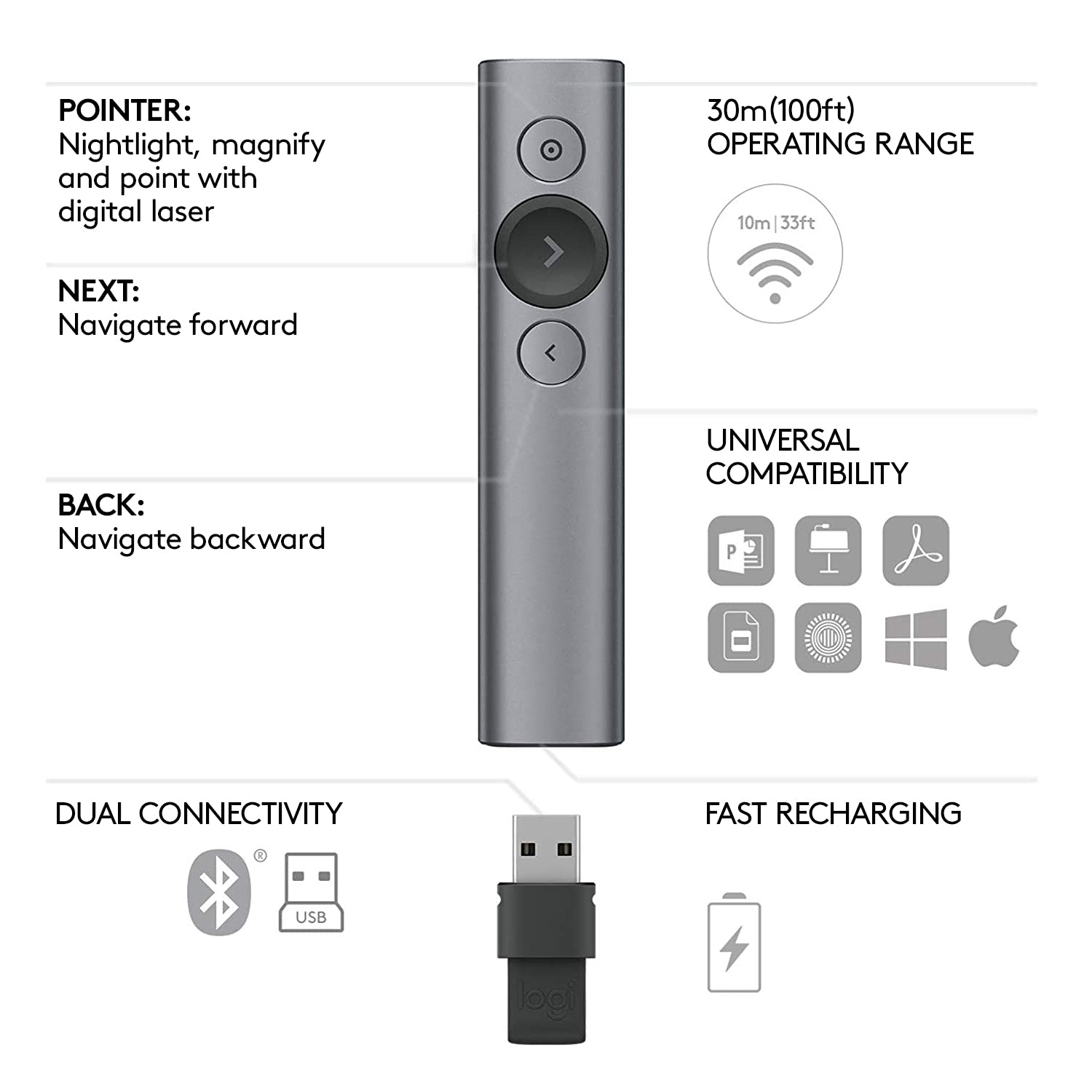 Logitech Spotlight Presentation Remote - Universal Wireless Presentation Clicker with Laser Pointer, Advanced Digital Highlighting, Bluetooth, 30 m Range and Quick Charging - Slate