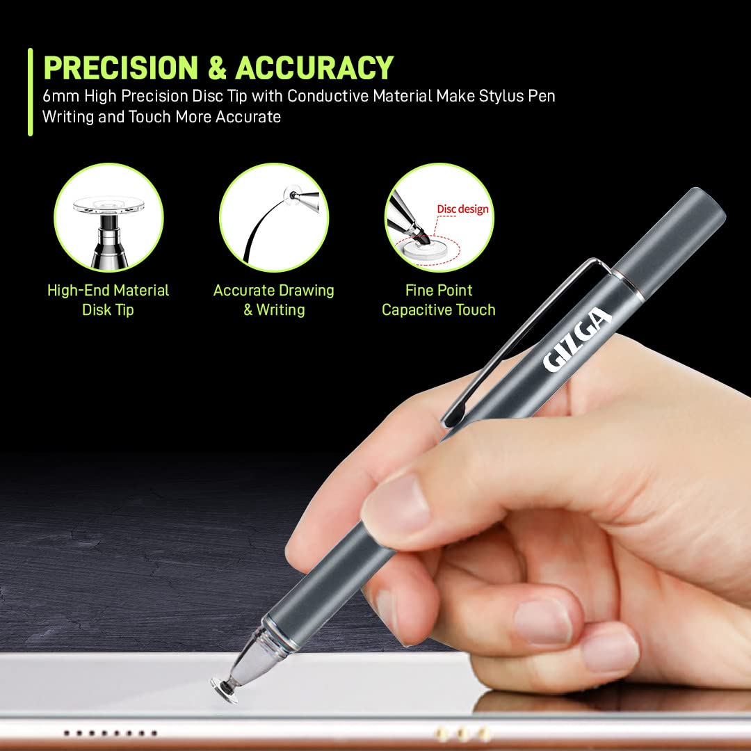 GIZGA Capacitive Stylus Pen for Smartphone/Tablet/iPad/Pro/Air/iPhone/iOS/Android/All Touch Screens Devices| Fine Point Disc Tip, Lightweight Aluminum Body Magnetic Cap Drawing Writing (Grey