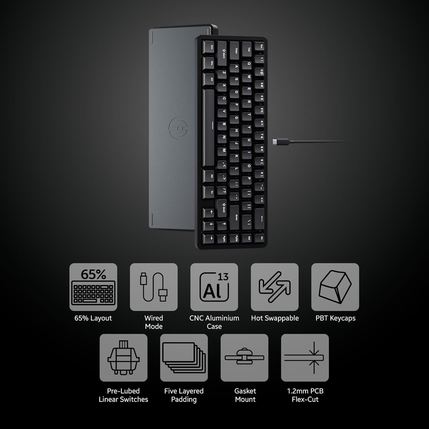 Chilkey ND65 Wired Aluminum Mechanical Keyboard, 65% Layout Portable Gaming Keyboard, PBT Doubleshot Keycaps, Hot Swappable Custom Keyboard for Laptop and Office PC - Black