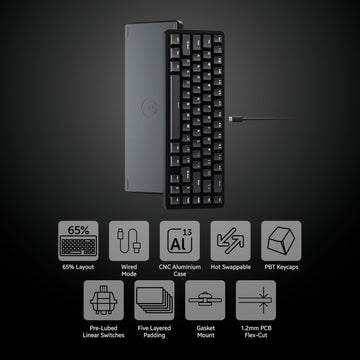 Chilkey ND65 Wired Aluminum Mechanical Keyboard, 65% Layout Portable Gaming Keyboard, PBT Doubleshot Keycaps, Hot Swappable Custom Keyboard for Laptop and Office PC - Black