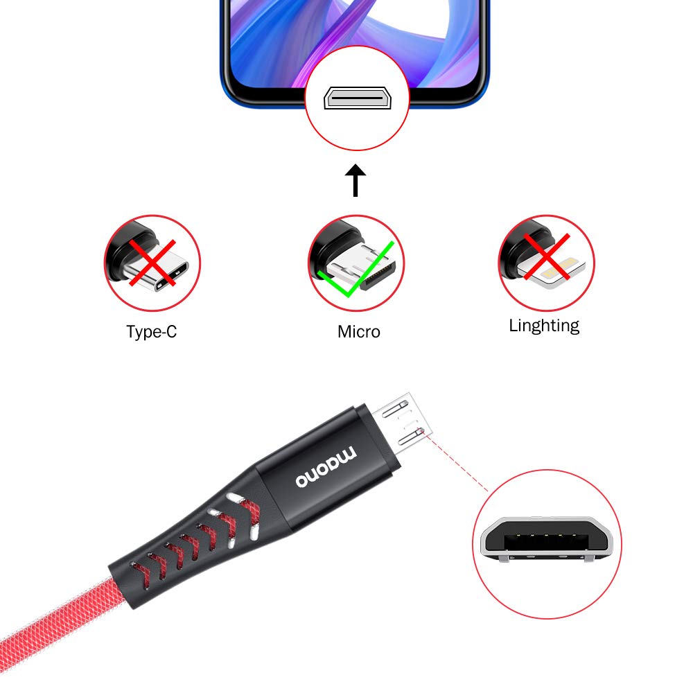 Maono UC201R-P3 Micro USB Fast Charging Cable, with High Speed Data Syncs for Android, 0.5m+1.5m+2m, Red, Pack of 1 with 3 Charging Cables