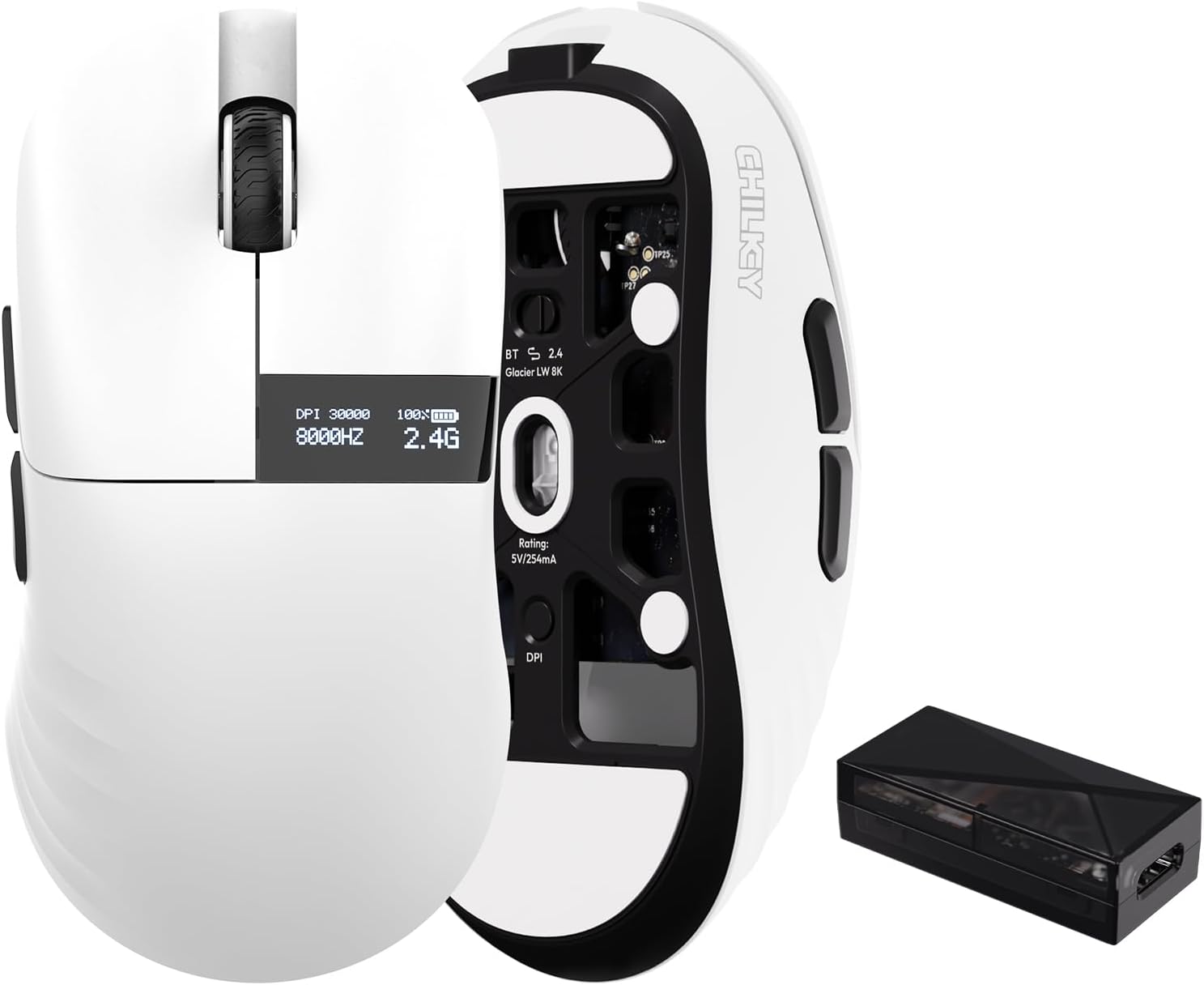 OOCTPK Chilkey Glacier LW 8K M Wireless Gaming Mouse with Screen - 49g Super Lightweight - Dual 8K Polling - Maximum 30000 DPI - Optical Switch - Tri-Mode 2.4G/USB-C/Bluetooth 5.2 - White