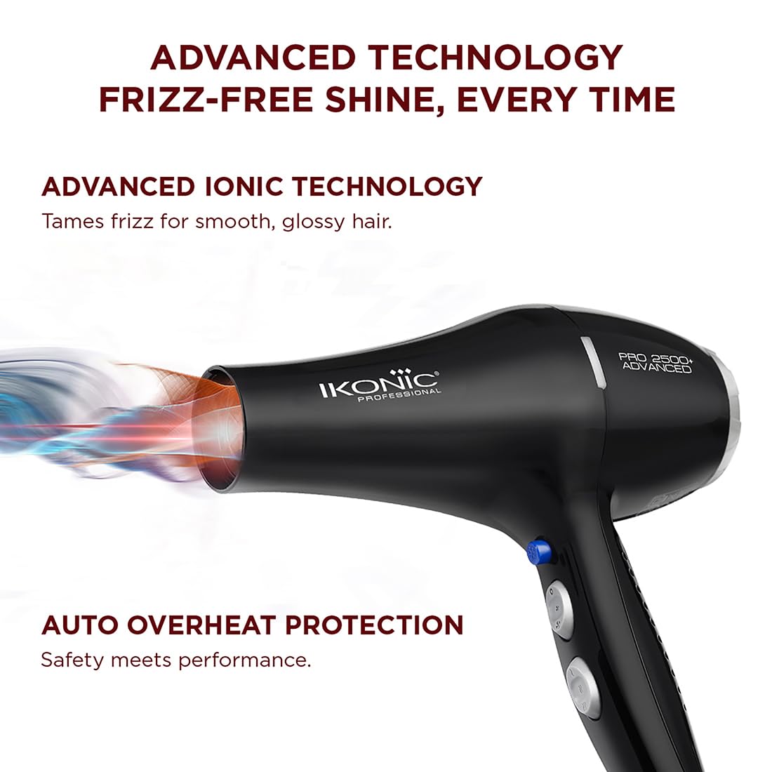 Ikonic Professional Pro 2500+ Advanced Hair Dryer 2500W-2800W, 23000 Rpm Ac Motor, Ionic Technology Anti-Frizz Blow Dryer For Smooth Shiny Hair, 3 Heat & 2 Speed Settings, Cool Shot Button, 2 Nozzles, Overheat Protection, For Men & Women, Black