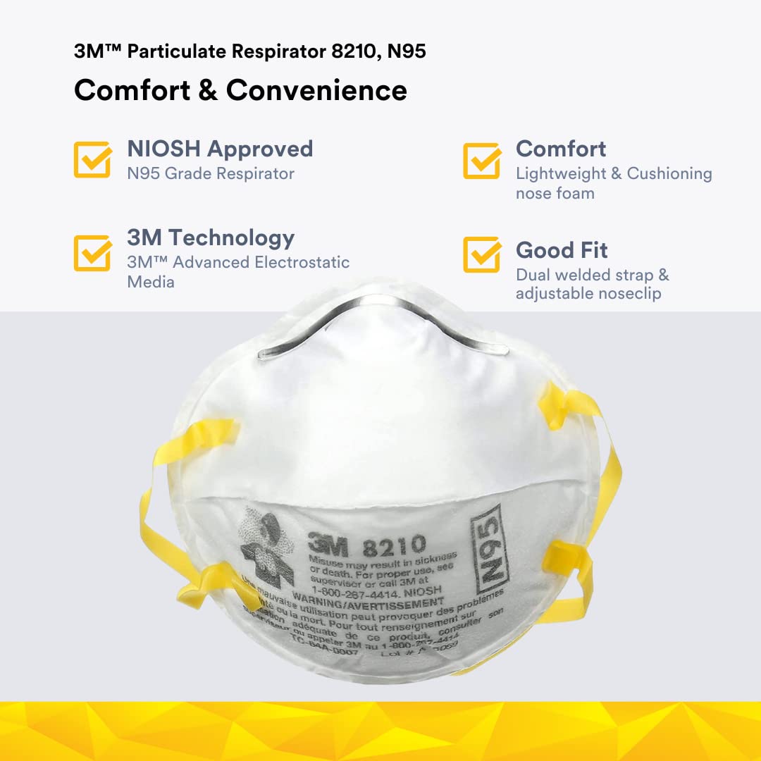 3M 8210 Disposable Respirator N95 Face Mask, Non Woven Fabric, Metal Nose Clip and Elastic Headband, NIOSH Approved, Particulate Anti Air Pollution Respirator (Pack of 1)
