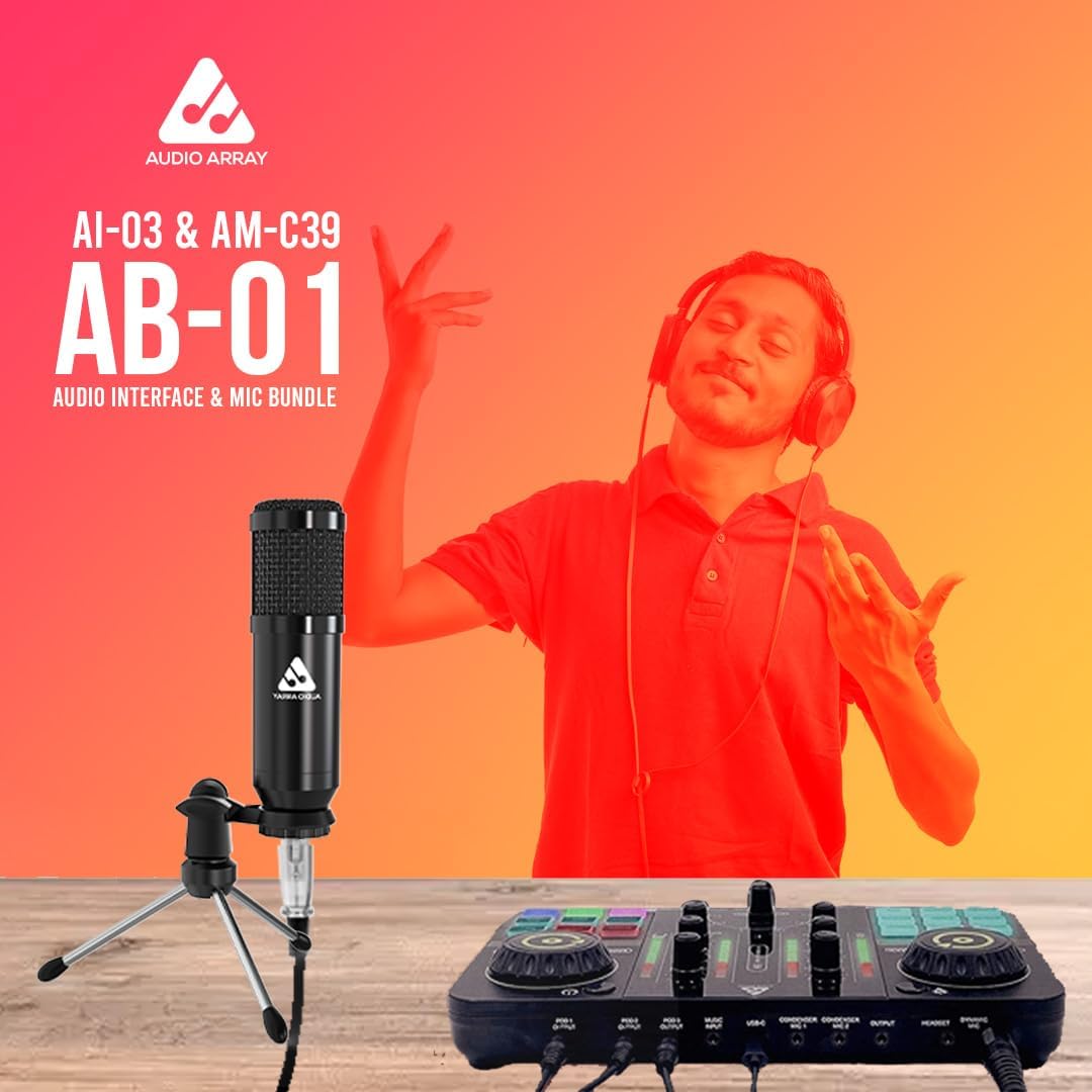Audio Array AB-01 Audio Interface Podcasting Streaming Console Mixer with Bluetooth & XLR to 3.5mm Condenser Mic | Upto 8hr Battery Backup| Gaming, Streaming | Compatible with Mobile & Computers