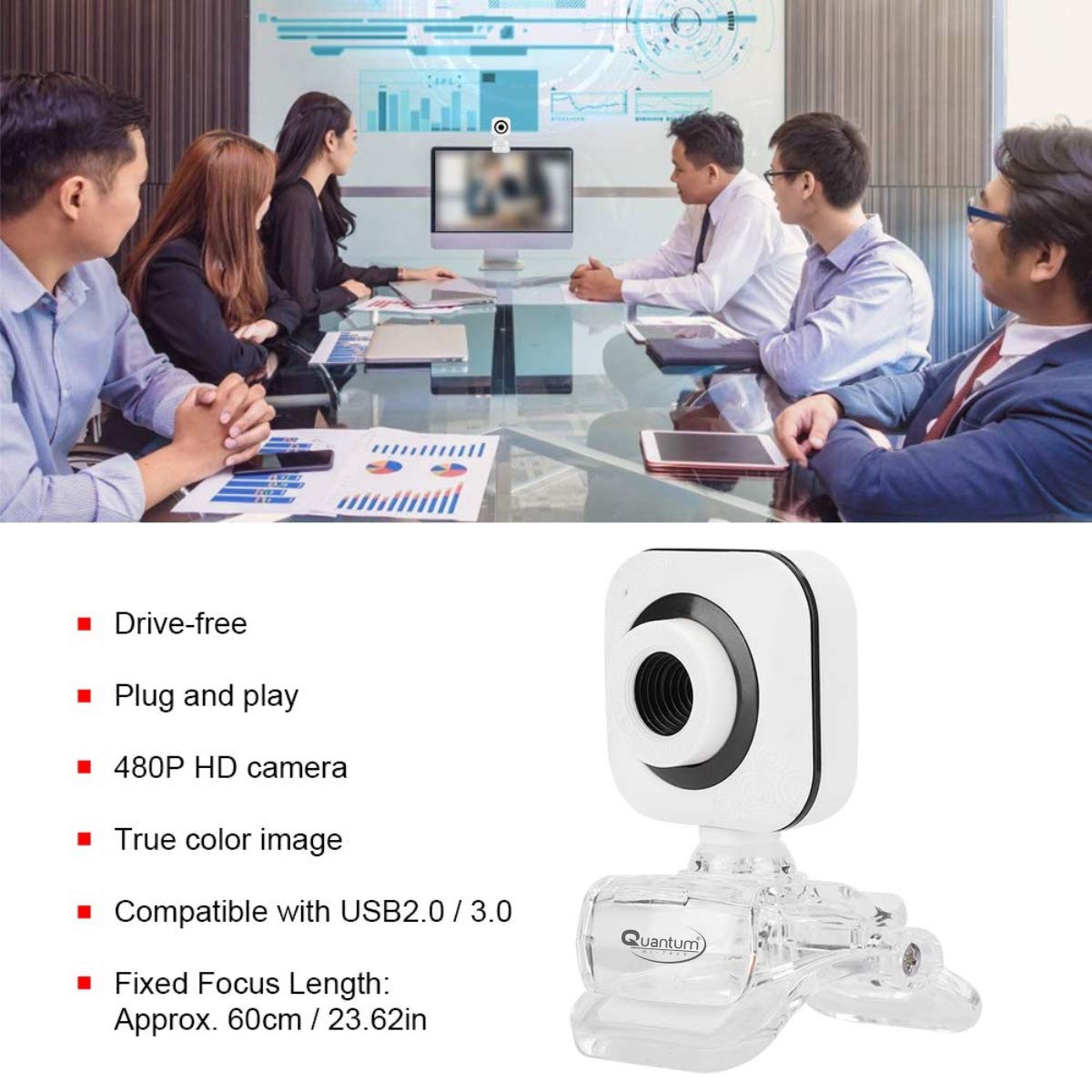 Quantum QHM495B 360 Degree Rotation PC HD Camera, with Built-in Microphone, USB Computer Camera Laptop Desktop Webcams, Drive-Free Streaming Web Camera, for Video Calling, Video Conferencing, (White)