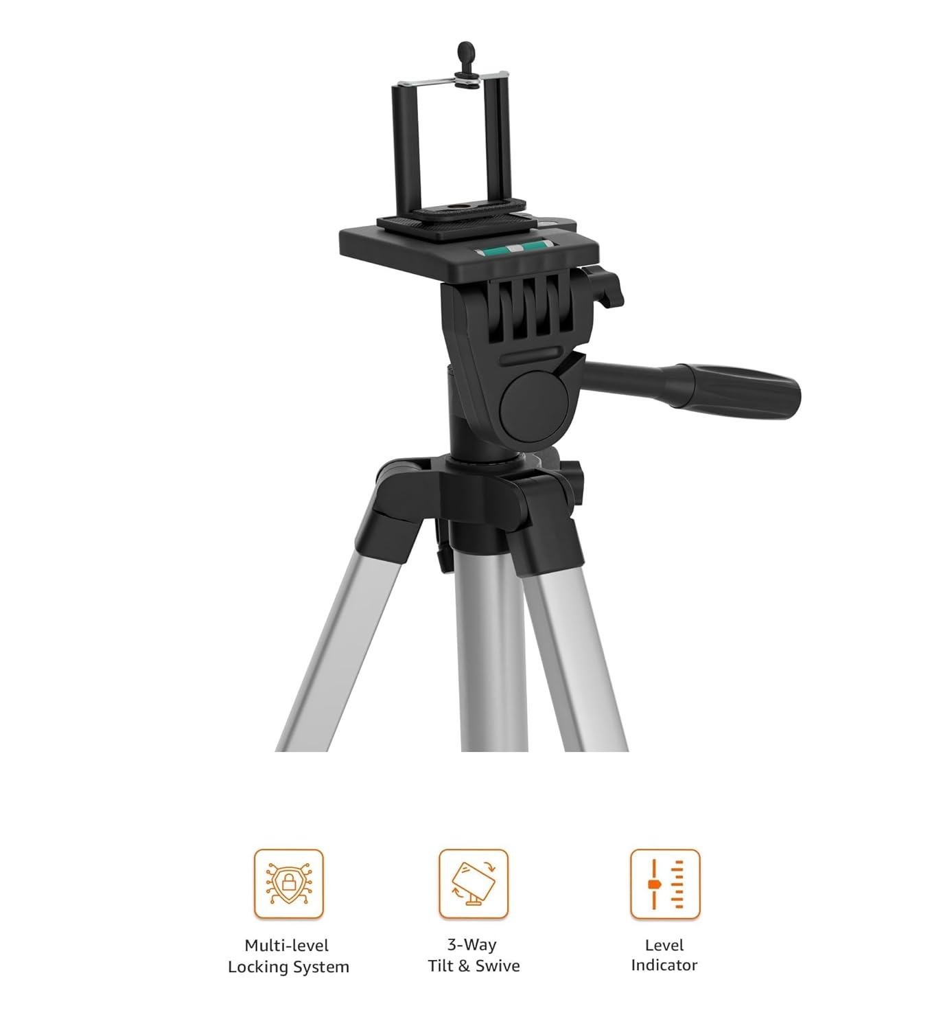 Amazon Basics Aluminium Professional Sturdy Tripod with Mobile Phone Holder Mount, 3-Way Head, Accessory Hook, and Carry Bag for All Smart Phones, GoPro, Cameras (35-125 cm)