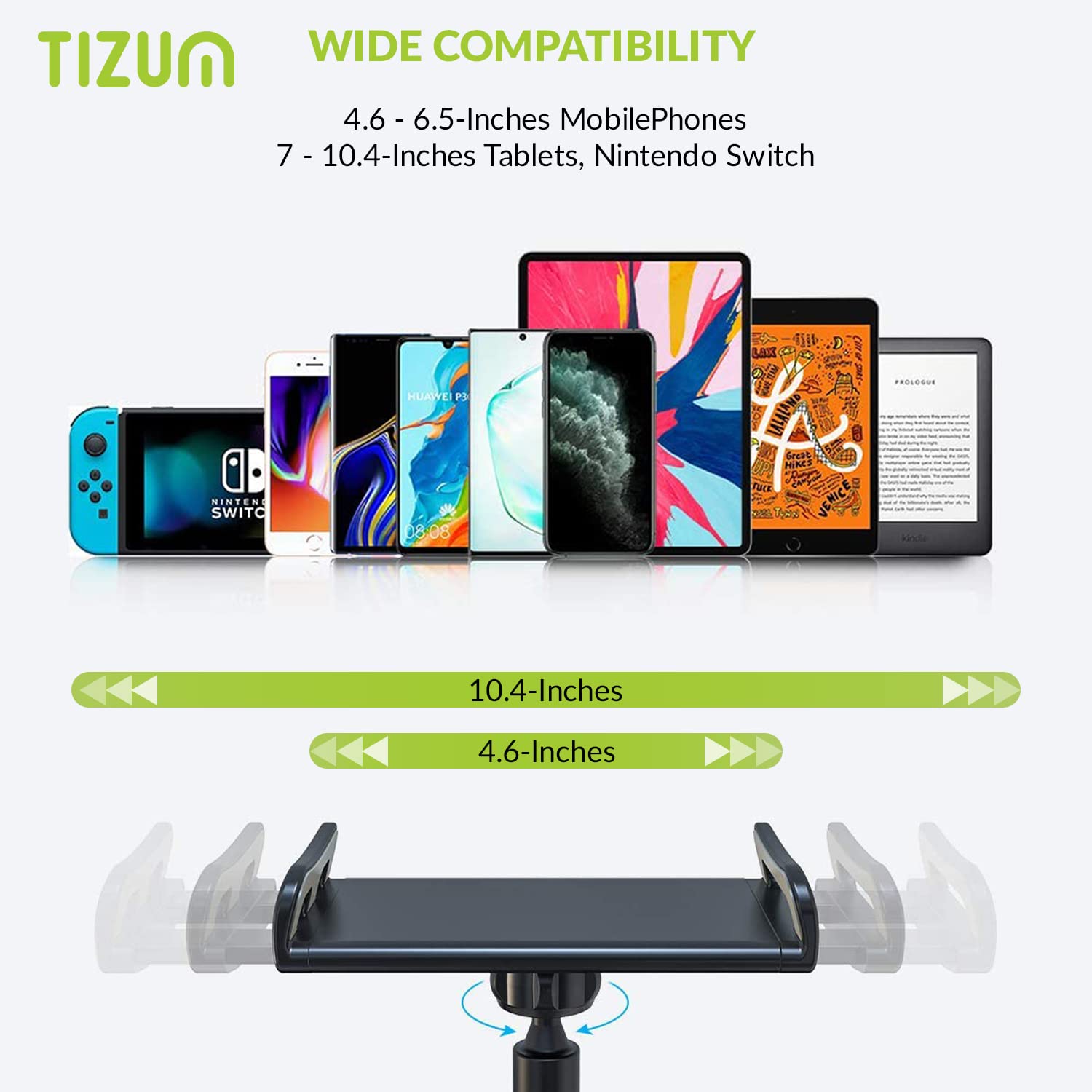 Tizum Mobile & Tablet Holder with 360 Rotation, Mobile Stand with Anti-Slip Silicone Pads & Fully Flexible Gooseneck Arm & for Bed, Table, Bathroom for All Tablet/Smartphones 4 to 10.4 Inches, Black