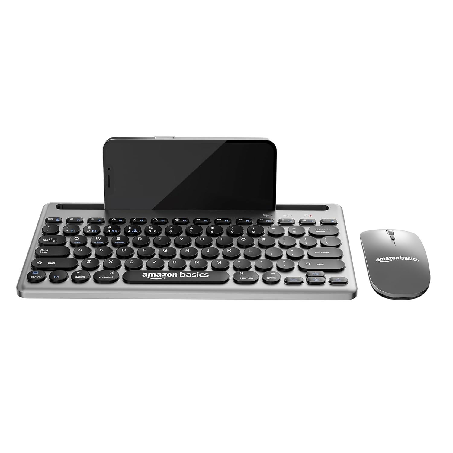 Amazon Basics Wireless Keyboard and Mouse Set with Bluetooth multiconnect, 2.4GHz Receiver,1600 DPI, Smartphone/Tablet Holder, Built in Rechargeable Battery
