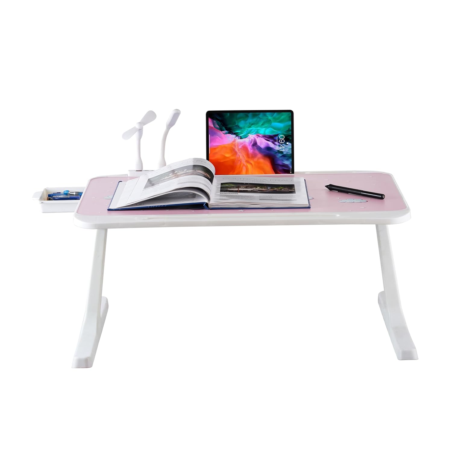 GoRogue Laptop Table for Bed & Sofa, Foldable Desk with Cup Holder, Drawer & Built-in USB Hub with Free Mini Fan, LED Lamp (Pink)
