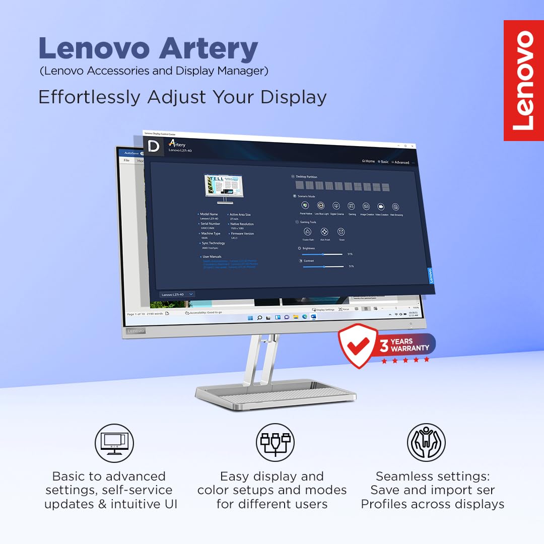 Lenovo L-Series 24 inch (60.4cm) FHD IPS Monitor| 100Hz, 1ms, FreeSync, 3Wx2 Speakers, 4xUSB-A, 1xUSB-C, 1x HDMI, PD-45W, Tilt, Swivel,Pivot Height Adjust Stand: for Home & Office use, Grey, L24m-4A