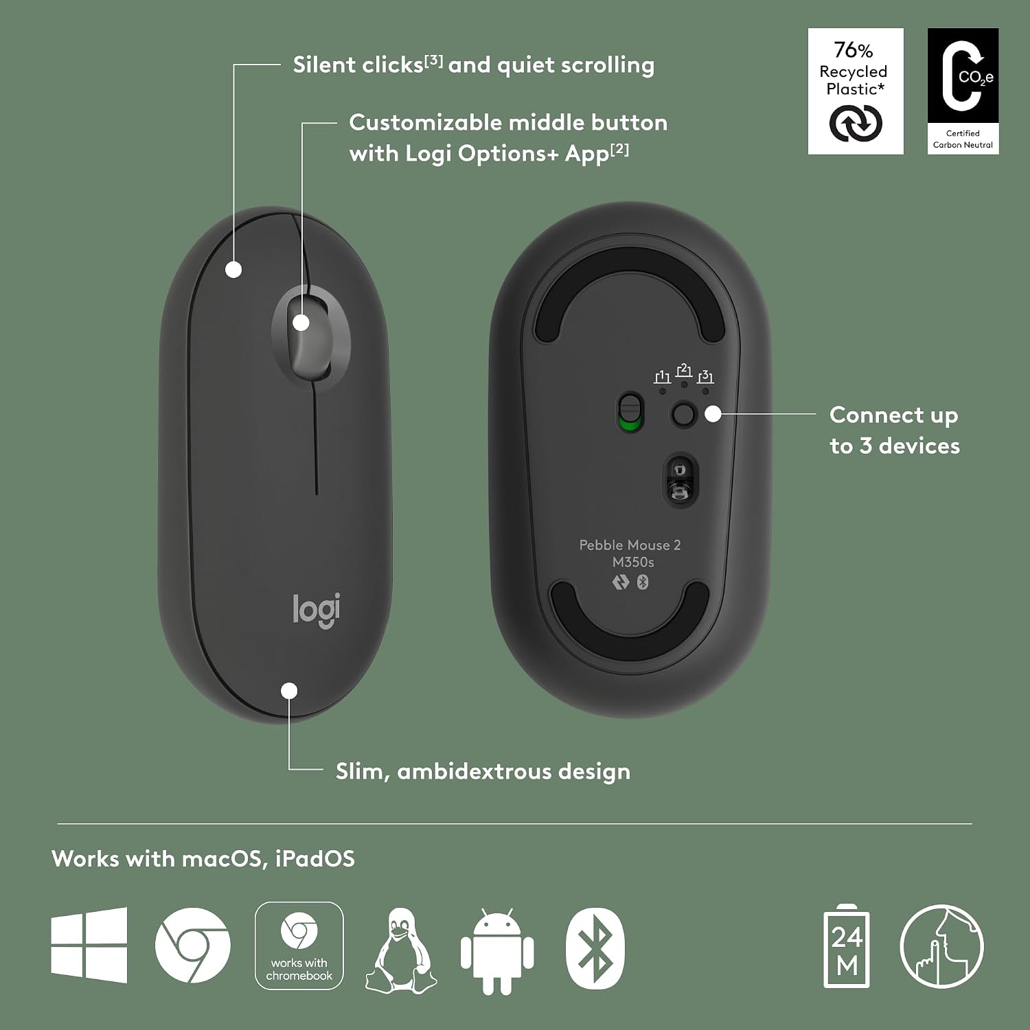 Logitech Pebble Mouse 2 M350s Slim Bluetooth Wireless Mouse, Portable, Lightweight, Customisable Button, 4000 DPI, Quiet Clicks, Easy-Switch for Windows, macOS, iPadOS, Android - Tonal Graphite
