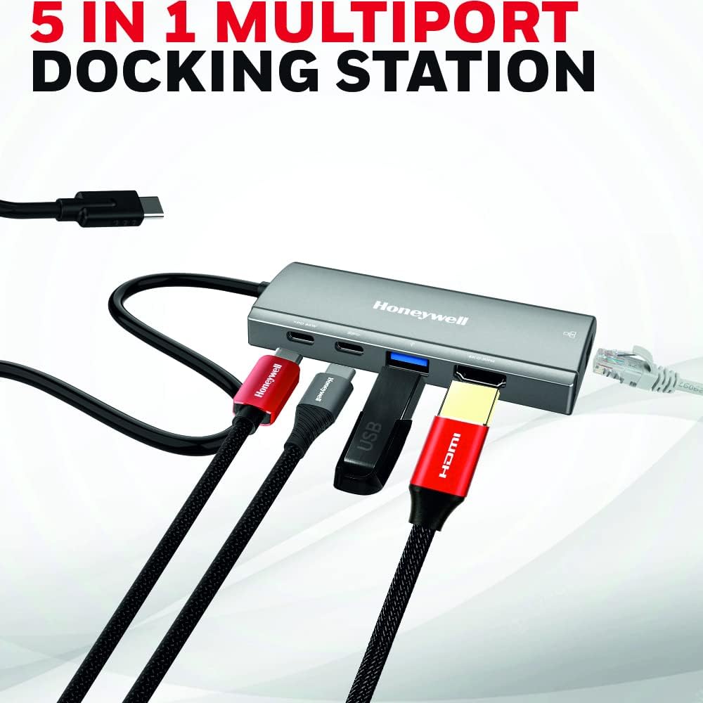 Honeywell 5-in-1 Type C Mini Docking Station - 4K HDMI, 1GBPS Ethernet, USB 3.0 & Dual Type C PD85W Ports, 5GB Transfer Speed, Compatible with All Type C Devices