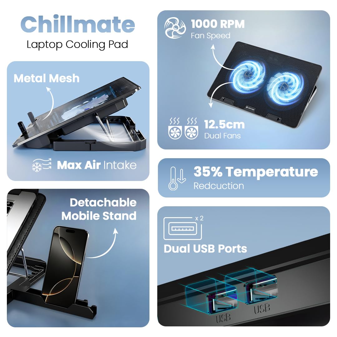 Lapcare Chillmate Powerful Laptop Cooler Pad with Dual 125mm Fans, Silent Operation Noiseless Fan, Dual USB Ports, 5 Step Retractable Stand and Removable Mobile Holder