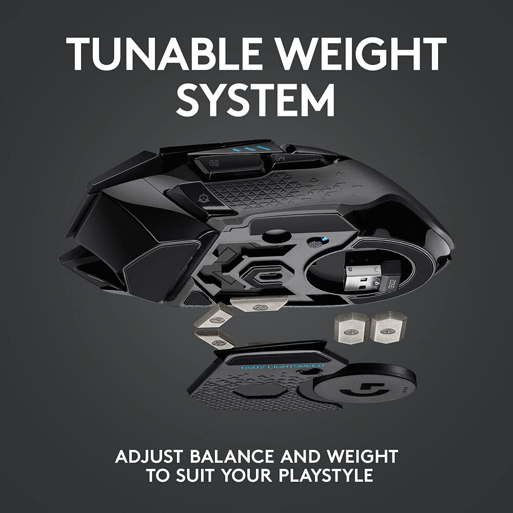 Logitech G502 Lightspeed Wireless Gaming Mouse, Hero 16K Sensor, 16,000 DPI, RGB, Adjustable Weights, 11 Programmable Buttons, Long Battery Life, On-Board Memory, PC/Mac - Black