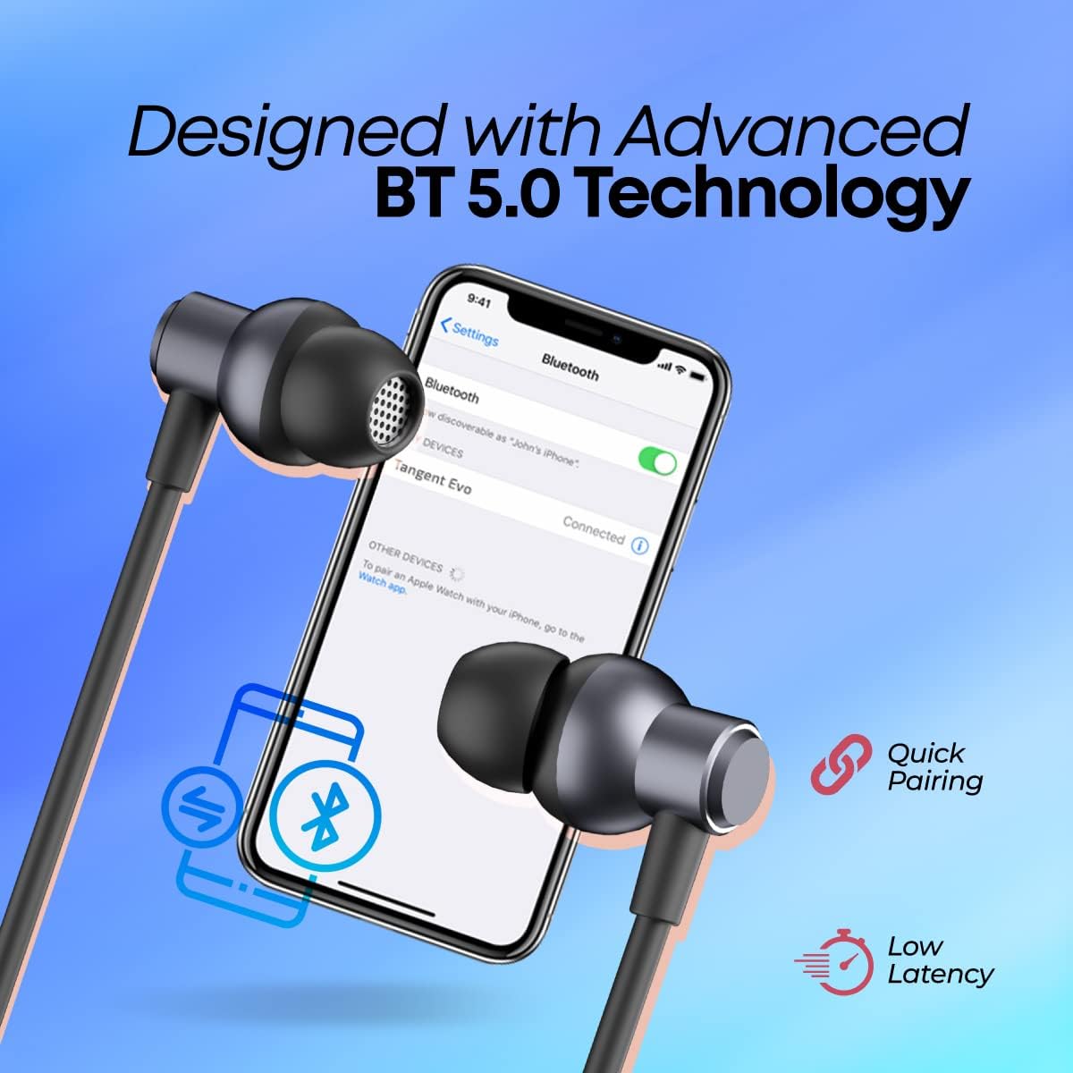 pTron Tangent Evo with 14Hrs Playback, Bluetooth 5.0 Wireless Headphones with Deep Bass, IPX4 Water Resistance, Ergonomic & Snug-fit, Voice Assistance, Magnetic Earbuds & Built-in HD Mic (Black)