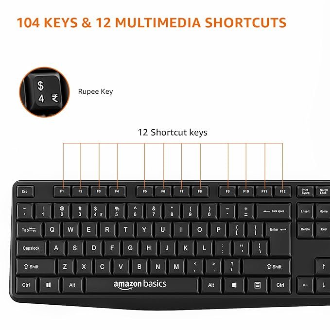 104 Computer Keys Amazon Basics Wired Keyboard with 104 Keys for Windows, Mac OS Compute